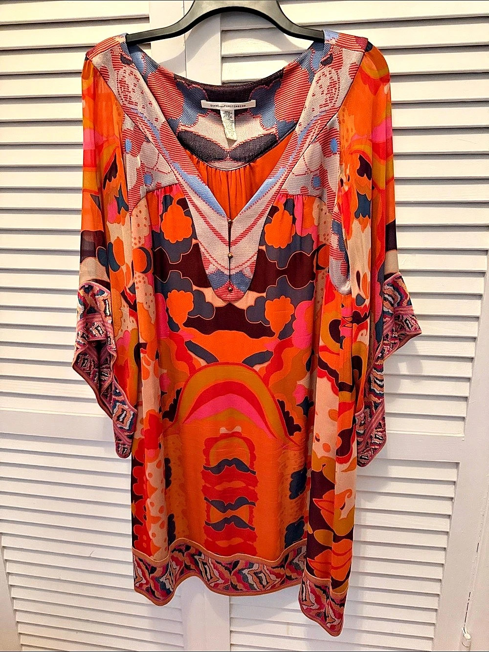 Diane von Furstenberg Abstract Silk Tunic Dress Orange Pink Size 12 Like New